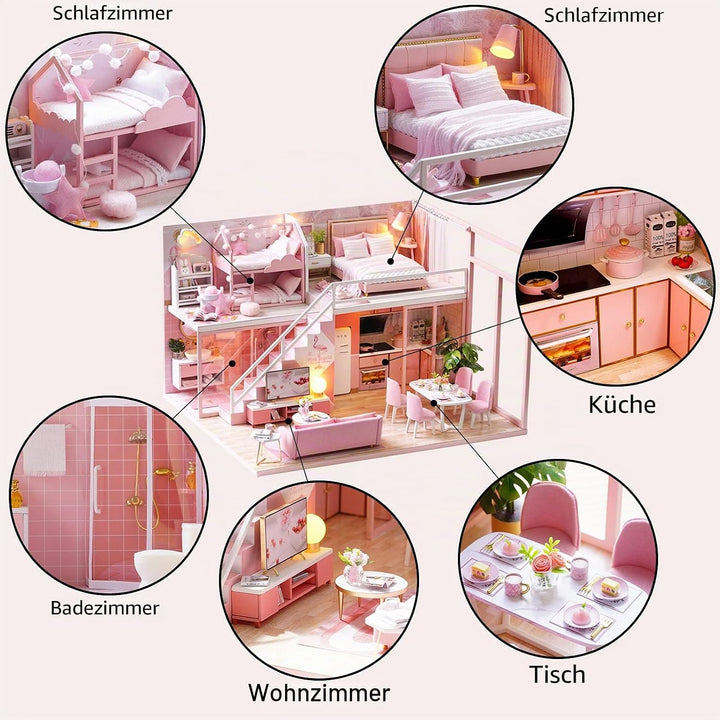 CUTEROOM DIY Miniatur Puppenhaus Kits mit Möbeln, Hölzernes Puppenhaus-Kit mit Musik-Bewegung und LE