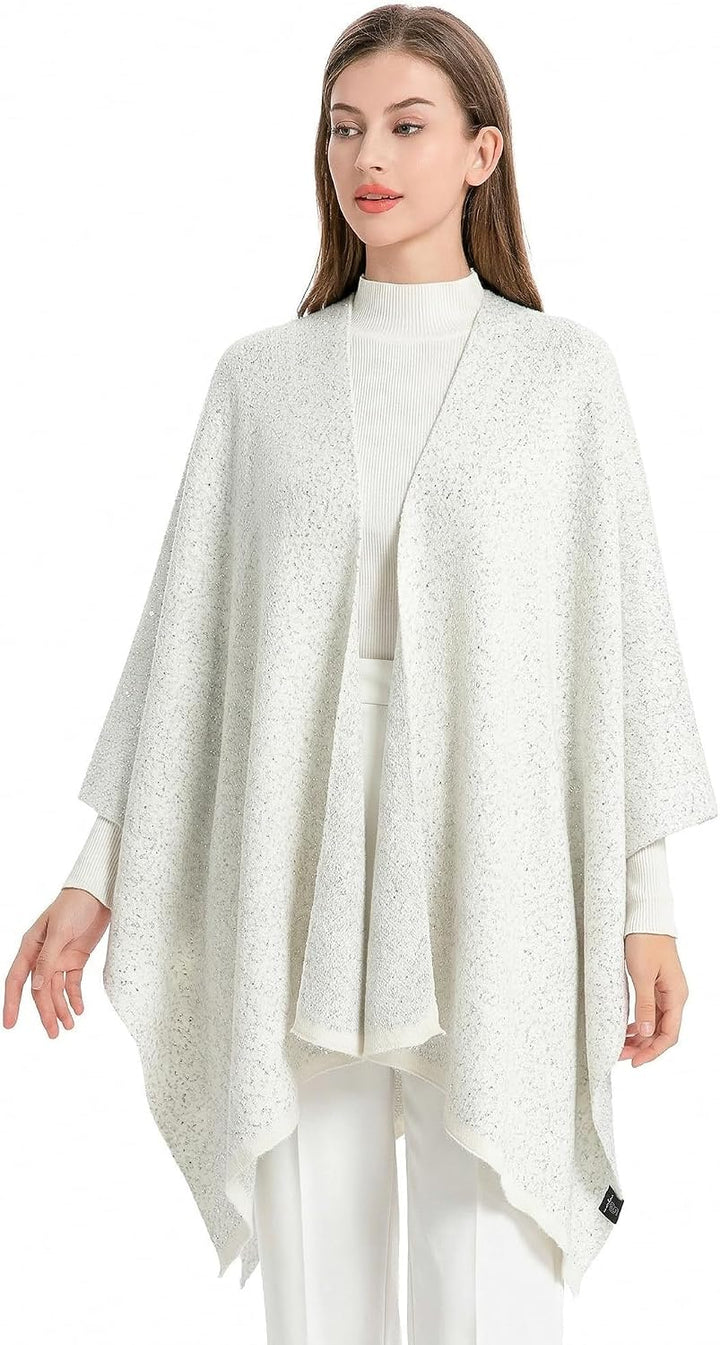 ZLYC Damen Weiche Schlichte Poncho Capes Retro Cardigans Pullover Reines Weiss, Reines Weiss