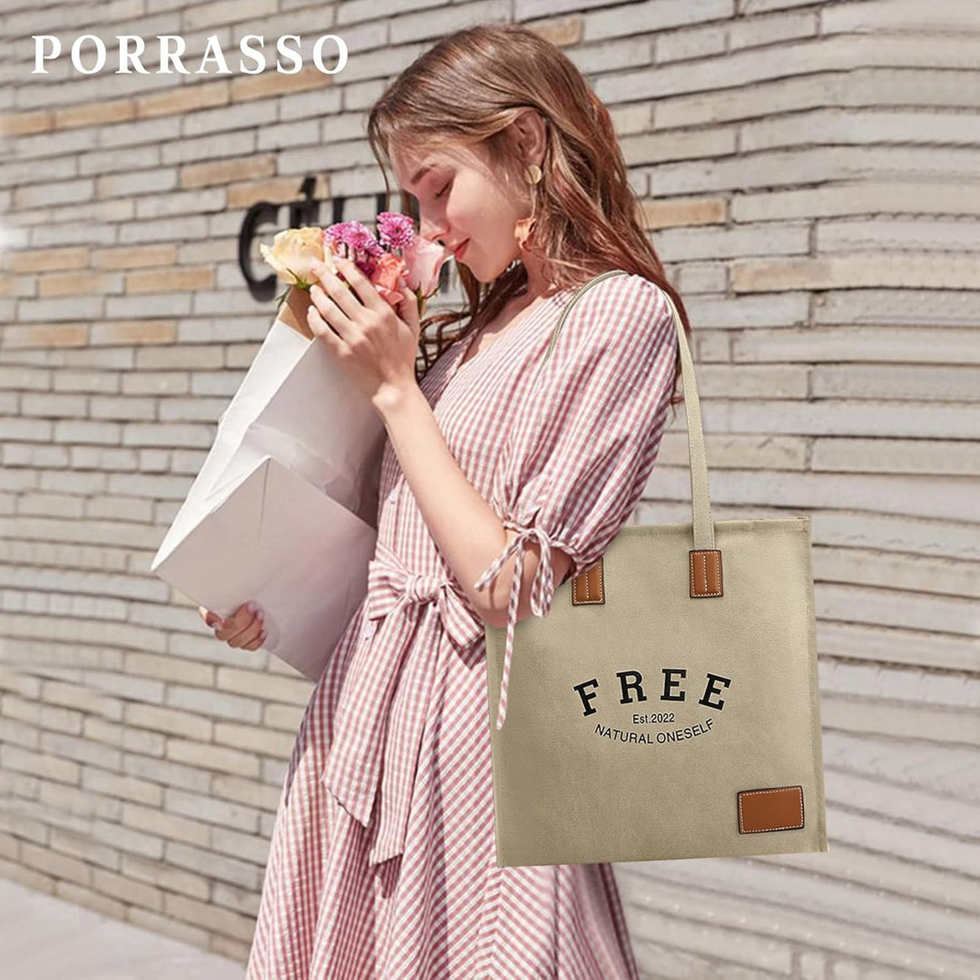 PORRASSO Retro Schultertasche Damen Segeltuch Handtasche Mädchen Tote Bag Shopper Henkeltasche für S
