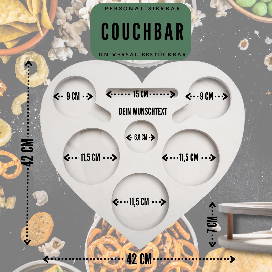 Herz Couchbar in Weiss mit 4 Glasschalen - Couch Tablett für Snacks & Getränke [stabil & sicher] Sna