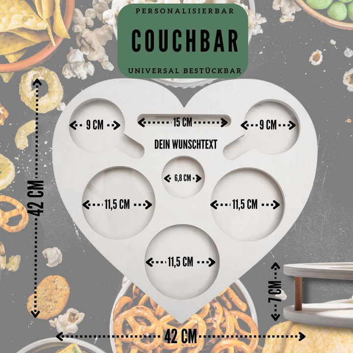 Herz Couchbar in Weiss mit 4 Glasschalen - Couch Tablett für Snacks & Getränke [stabil & sicher] Sna