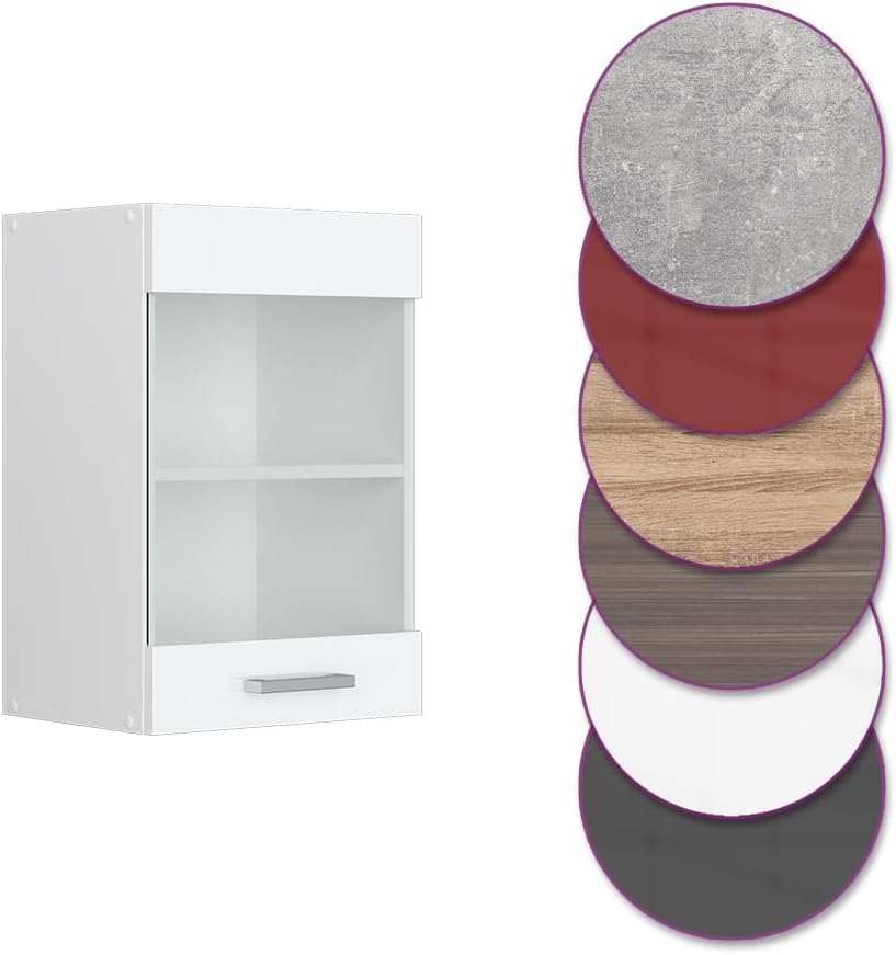 Vicco Küchenschrank Glas R-Line, Weiss Hochglanz/Weiss, 40 cm Weiss Hochglanz Hängeglasschrank 40cm,