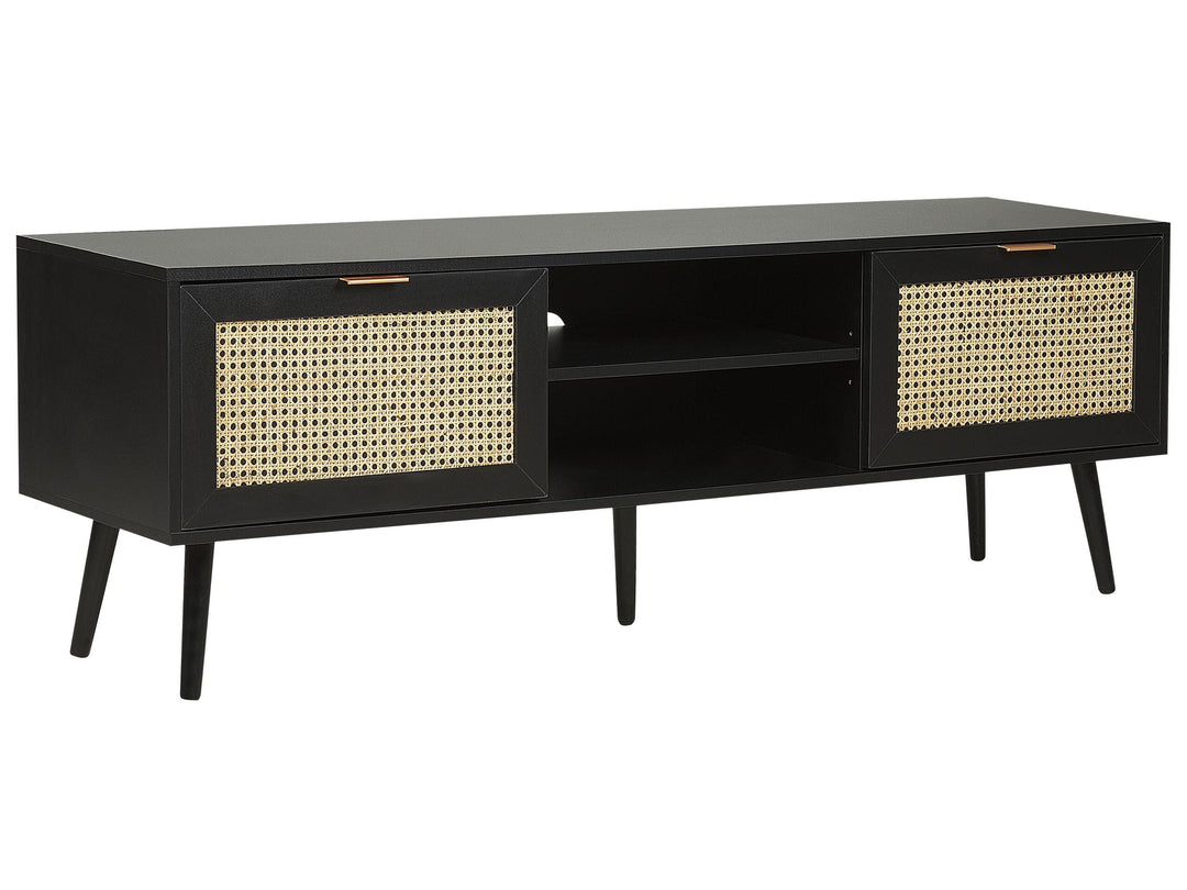 Beliani TV-Schrank Rattan schwarz/beige 2 Türen 150 x 40 x 52 cm modern Opoco