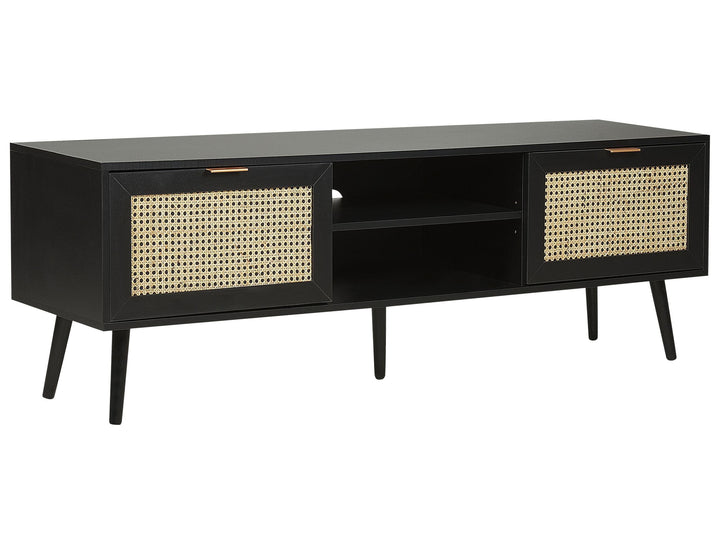 Beliani TV-Schrank Rattan schwarz/beige 2 Türen 150 x 40 x 52 cm modern Opoco
