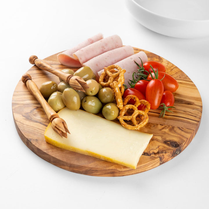 Handgefertigtes rundes Paddelbrett aus Olivenholz – gestreiftes Servierbrett für Käse, Brot und Vors