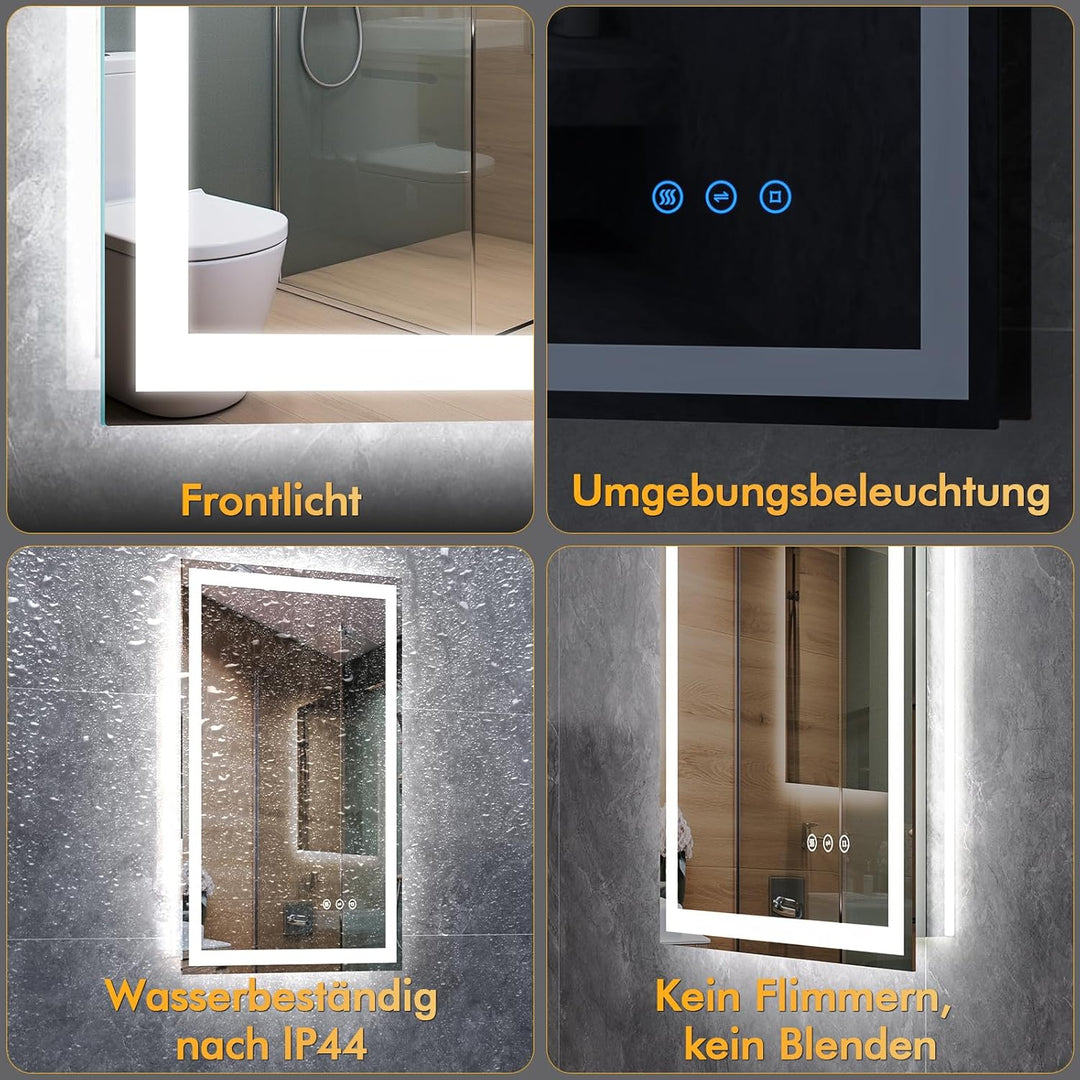 Badspiegel mit Beleuchtung, 50x70cm LED Spiegel mit Licht, 3 Farben Dimmbar, Antibeschlag, Memory-Fu