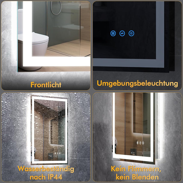 Badspiegel mit Beleuchtung, 50x70cm LED Spiegel mit Licht, 3 Farben Dimmbar, Antibeschlag, Memory-Fu
