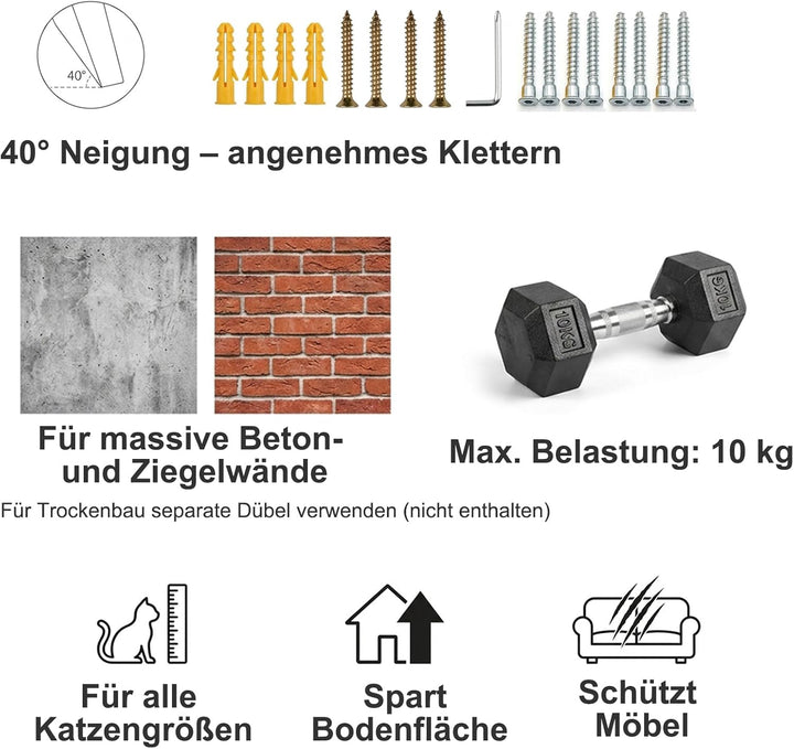 FUSHITON 2-stufige Katzentreppe Wandmontage aus massivem Kiefernholz mit Juteseil, 41 cm Gesamtlänge