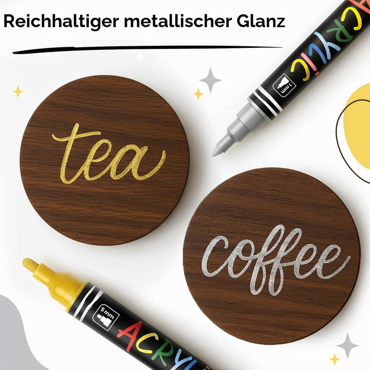 Chalkola 4 Acrylmarker Dualspitze (Weiss, Schwarz, Gold &amp; Silber) 1mm+5mm Acrylic Marker, Acrylstift