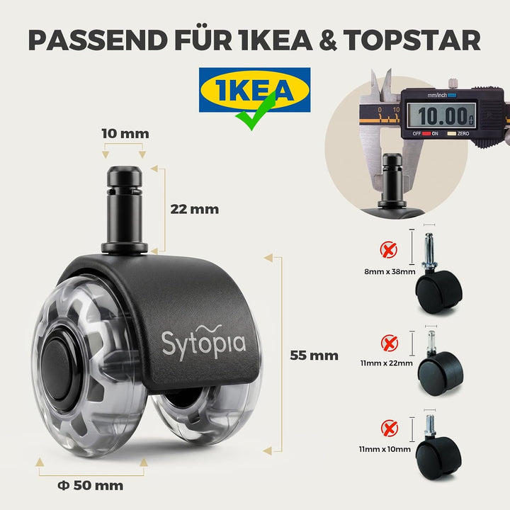 Sytopia Bürostuhl Rollen mit 10mm X 22mm Stift, 5er Set Rollen für 1KEA Bürostühle, Hartbodenrollen