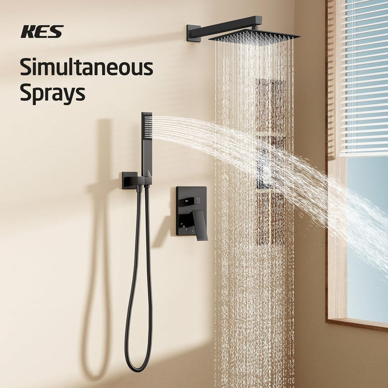 KES Unterputz Duscharmatur Set Duschkopf Regendusche Schwarz 3 Funktionen mit Handbrause Duschschlau