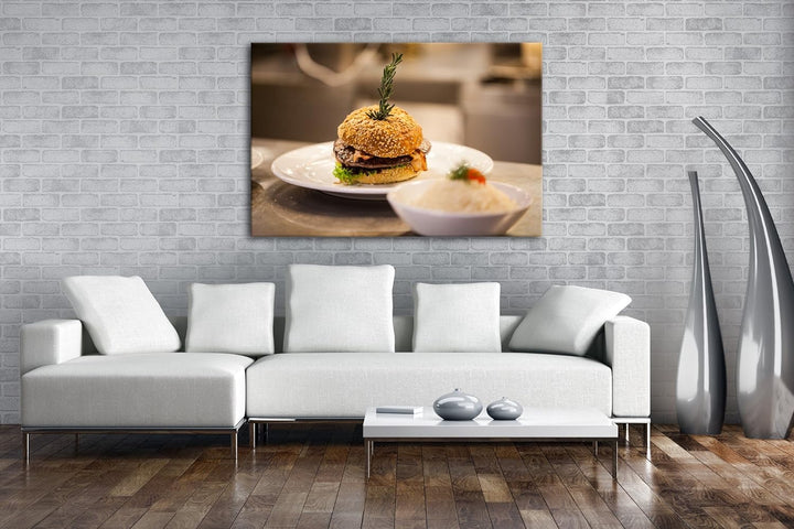 deyoli köstlicher Hamburger im Format: 80x60 als Leinwandbild, Motiv fertig gerahmt auf Echtholzrahm