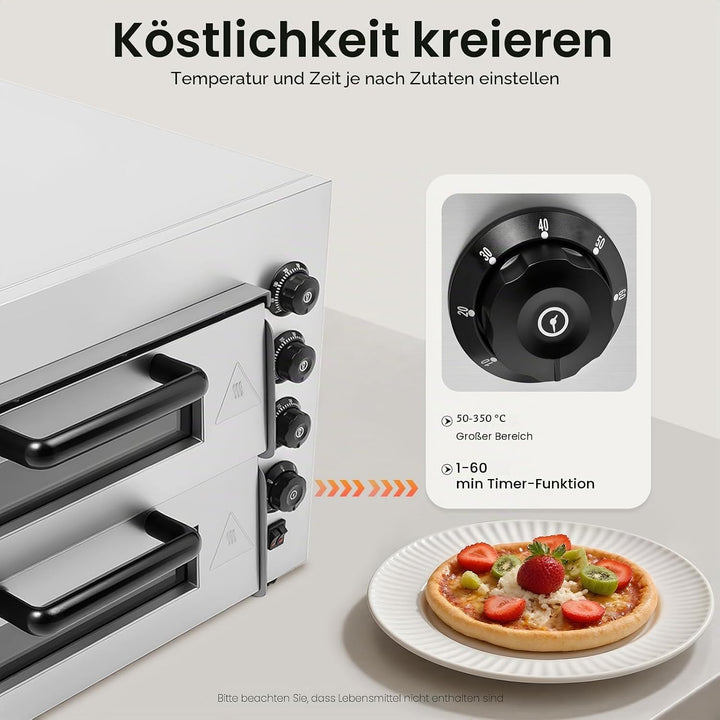 Elektrischer Pizzaofen, 3000W 2 Etagen Pizza-Ofen Kommerzieller Pizzaofen Edelstahl Elektrisch Gastr