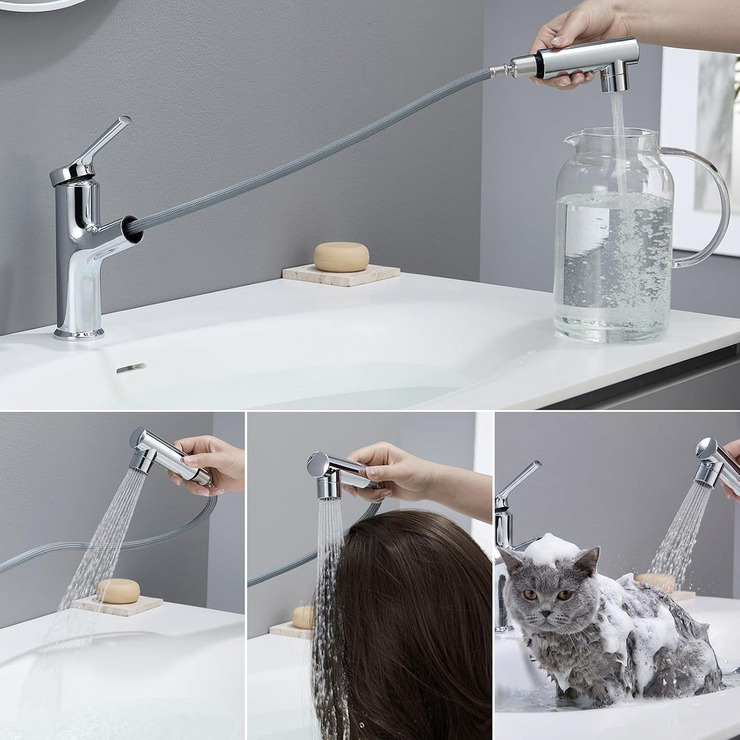 CECIPA Wasserhahn Bad Ausziehbar, Waschtischarmatur mit 2 Strahlarten Brause zum Haarewaschen, Hochd