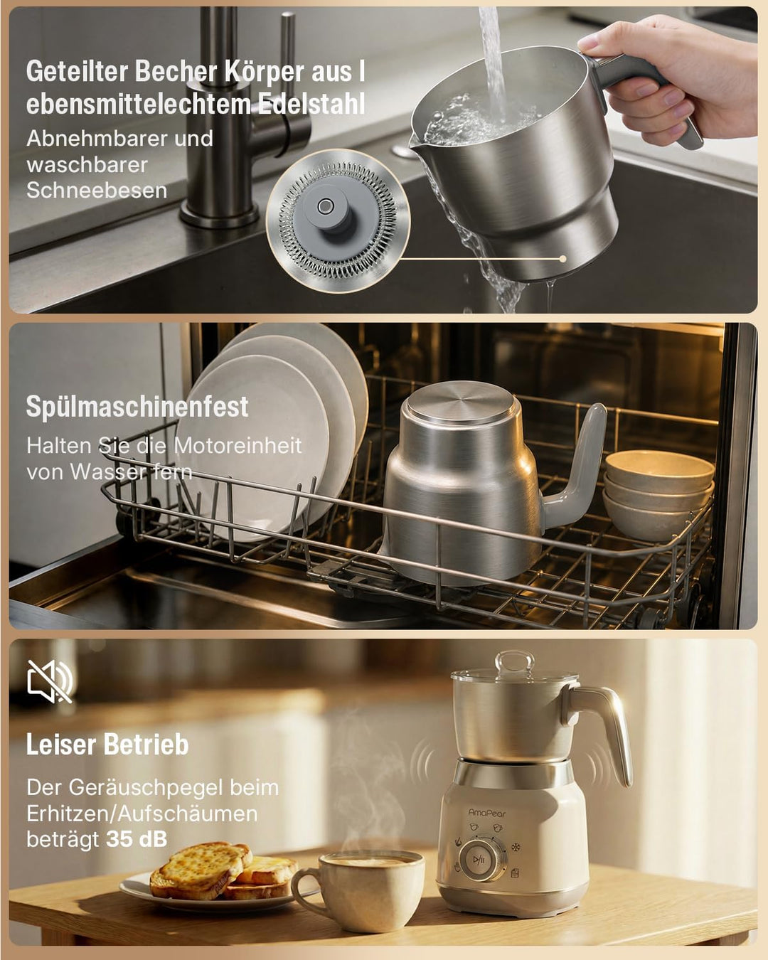 Milchaufschäumer Elektrisch 6 in 1, 500 ML Heisser & kalter Milchschaum, 630W Milchschäumer aus Edel