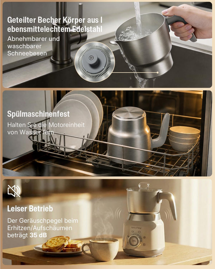 Milchaufschäumer Elektrisch 6 in 1, 500 ML Heisser & kalter Milchschaum, 630W Milchschäumer aus Edel