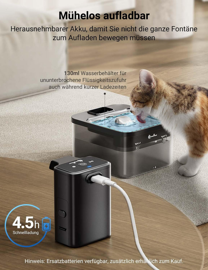 DownyPaws 2.5L Trinkbrunnen für Katze Kabellos, Katzenbrunnen Kabellos mit Bewegungsmelder und Batte