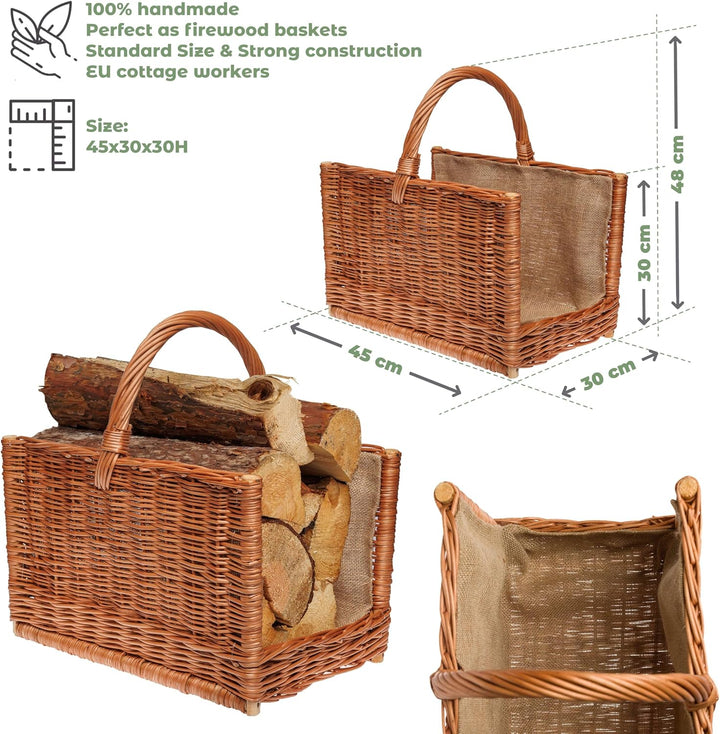 BOGATECO Weidenkorb mit Griff quadratisch | Kaminkorb 45X30X30 | Handgewebt | Mit Jute ausgekleidete