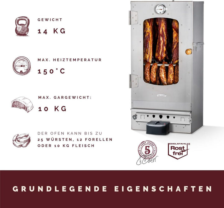 KAISER COMPANY '50' Hochwertiger Elektrischer Räucherofen/Räucherschrank aus Edelstahl I Tragbarer S