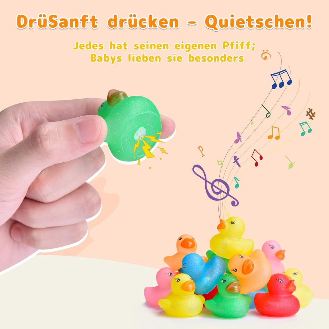 60 Stück Glitzer Badeenten Set – Mini Quietscheente mit Farb-Flash Bunte Gummiente Kinder Badespielz