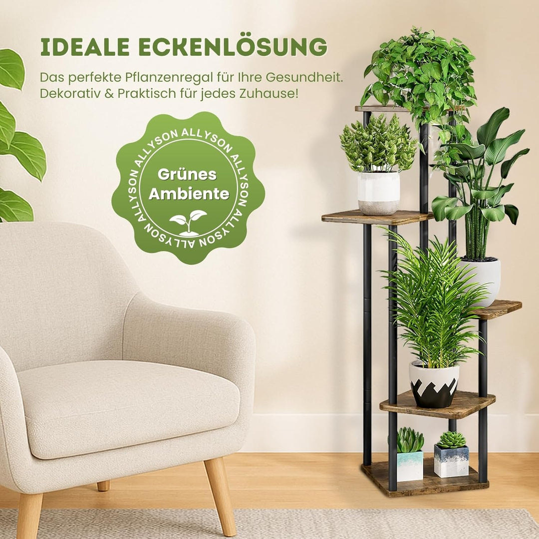 Allyson® Blumenständer mit 5 Ebenen – Pflanzenständer aus Metall & Holz, Pflanzenregal Modernes Rega