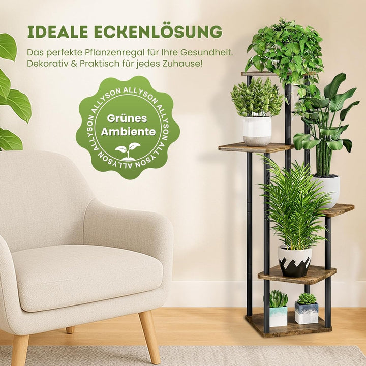 Allyson® Blumenständer mit 5 Ebenen – Pflanzenständer aus Metall & Holz, Pflanzenregal Modernes Rega