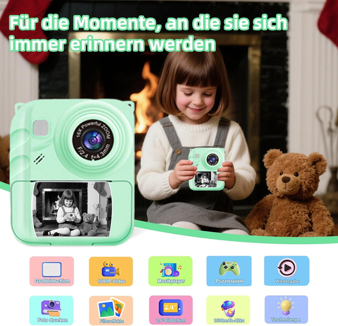 Sofortbildkamera Kinder, 1080P Digitalkamera mit 3 Druckrollen, 32GB Karte & Hülle, Kinderkamera mit