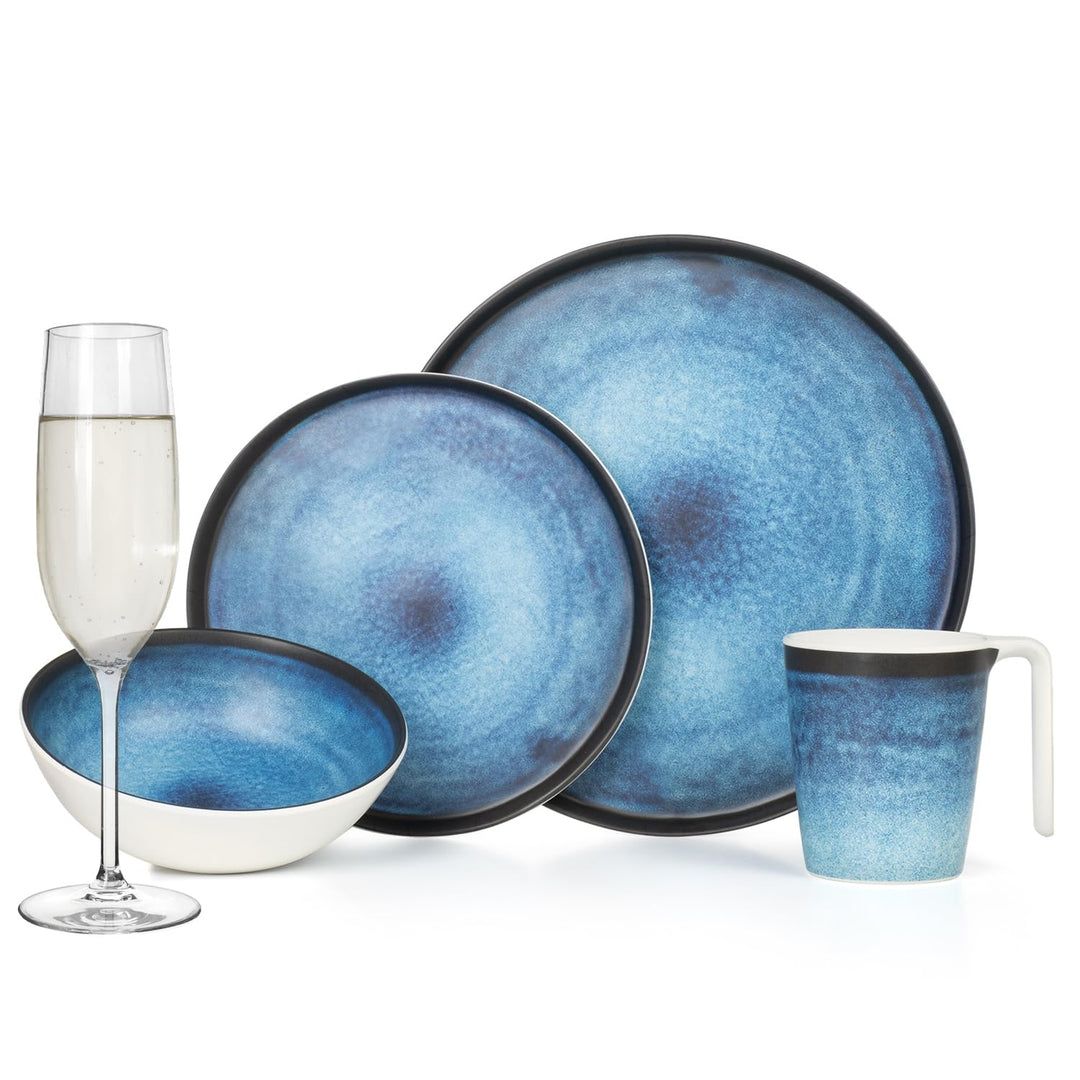 Melamin Camping Geschirr Set 4 Personen Deep Ocean + 4 Timo Champgner Gläser Flûtes Tafelgeschirr Pi