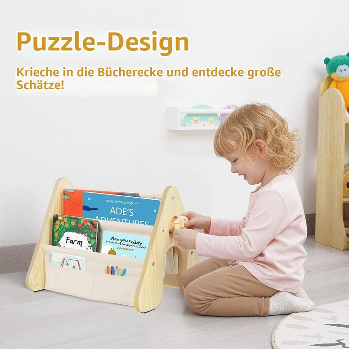 Bücherregal Kinder mit Doppelter Seite, Dreieckige Kinderregal 4-stöckig Montessori Regal für Kinder