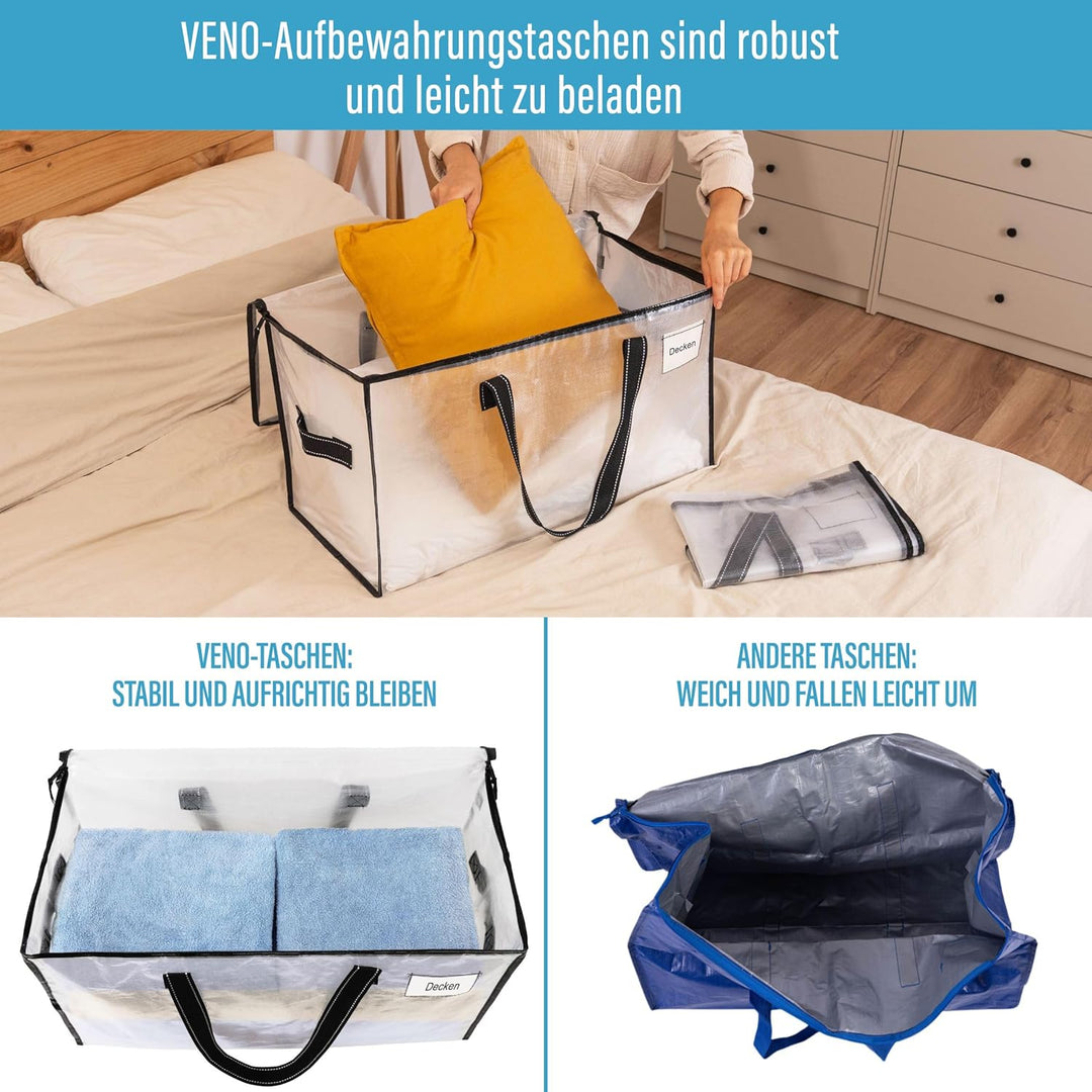 VENO Umzugstaschen 2 Stück Aufbewahrungstasche mit Griffe und Reissverschlüssen, Kleideraufbewahrung