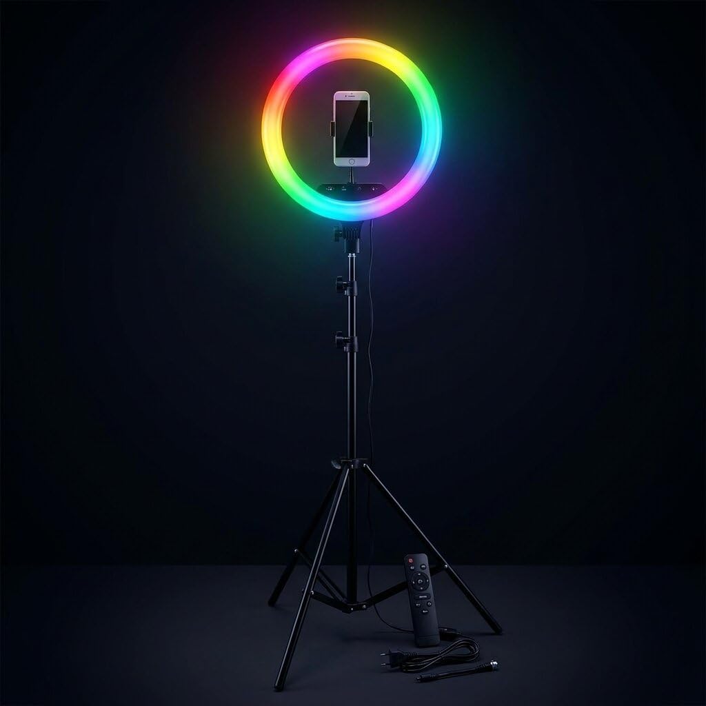 Luméon 36 cm RGB Ringlicht mit Stativ – 14 Zoll LED Fotolicht mit 39 Farben & Effekten, inkl. Fernbe