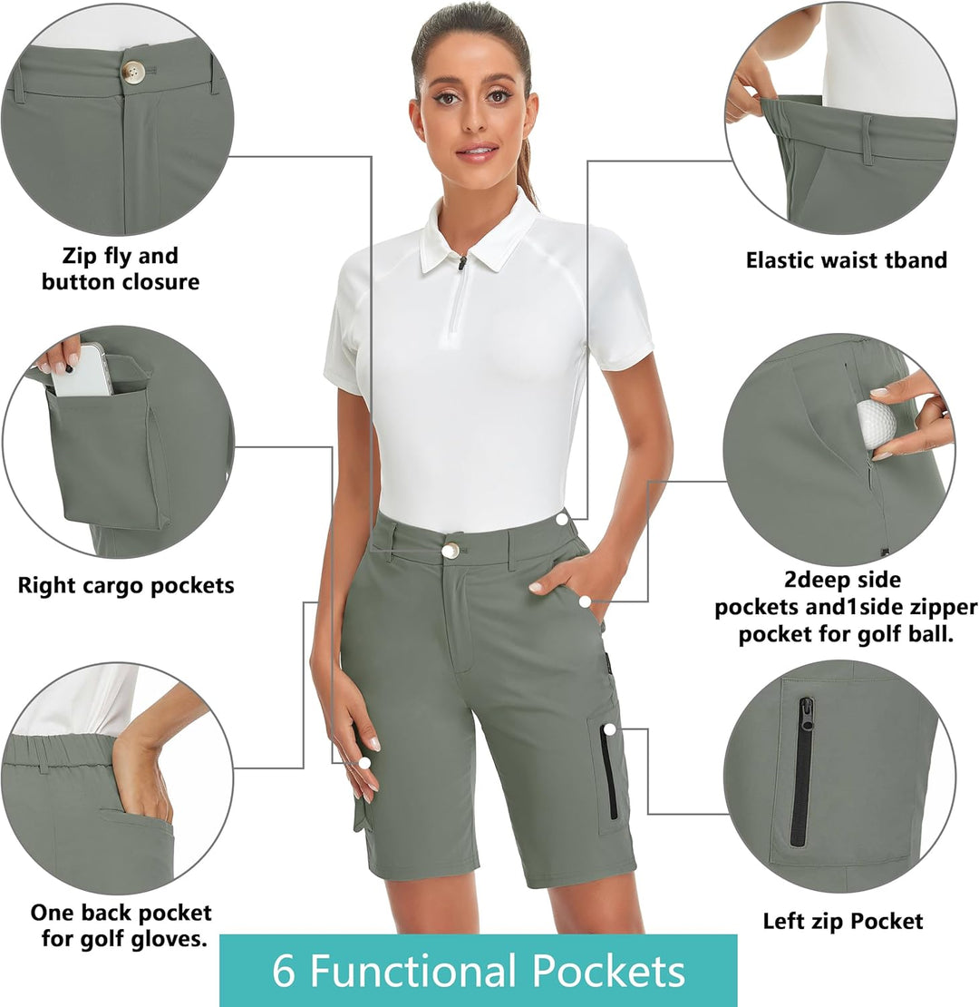 Soneven Stretch Damen Bermuda Shorts High Waist Leichte Cargo Shorts Wanderhose Kurz Zip Off mit Rei