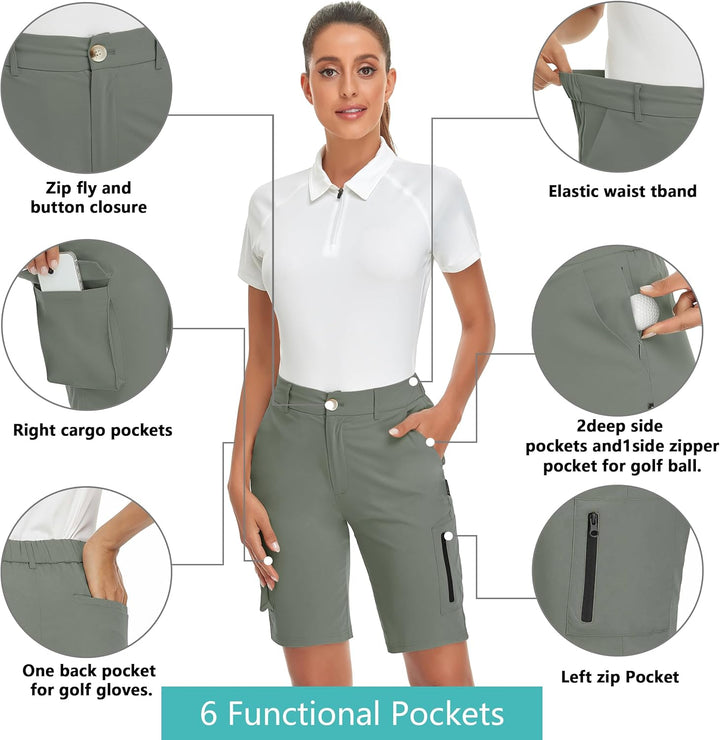 Soneven Stretch Damen Bermuda Shorts High Waist Leichte Cargo Shorts Wanderhose Kurz Zip Off mit Rei