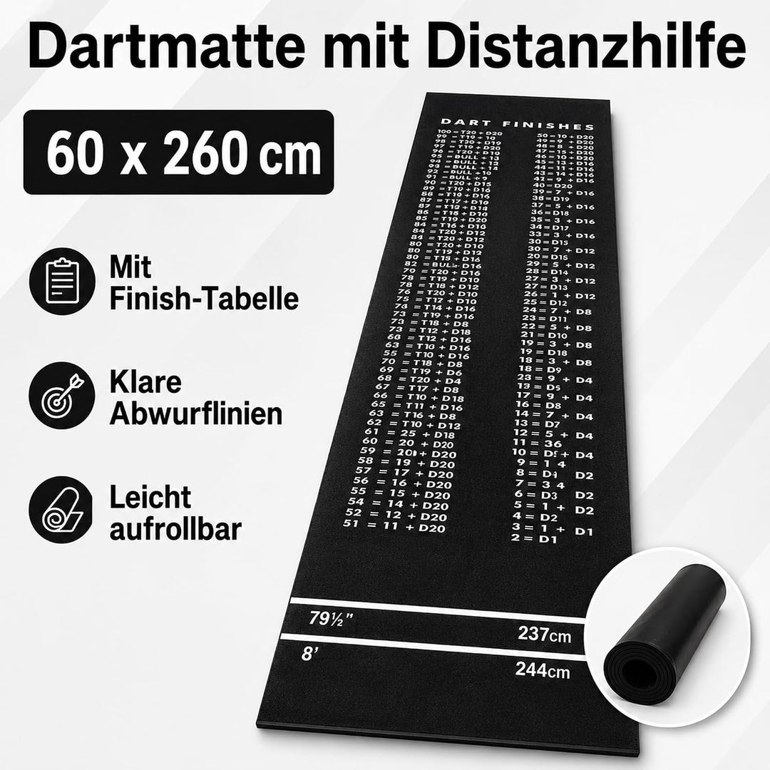 Dartteppich &amp; Dart Surround Set - 300x60 cm Dartmatte mit Abwurflinien &amp; Checkout-Tabelle + 13cm Puz