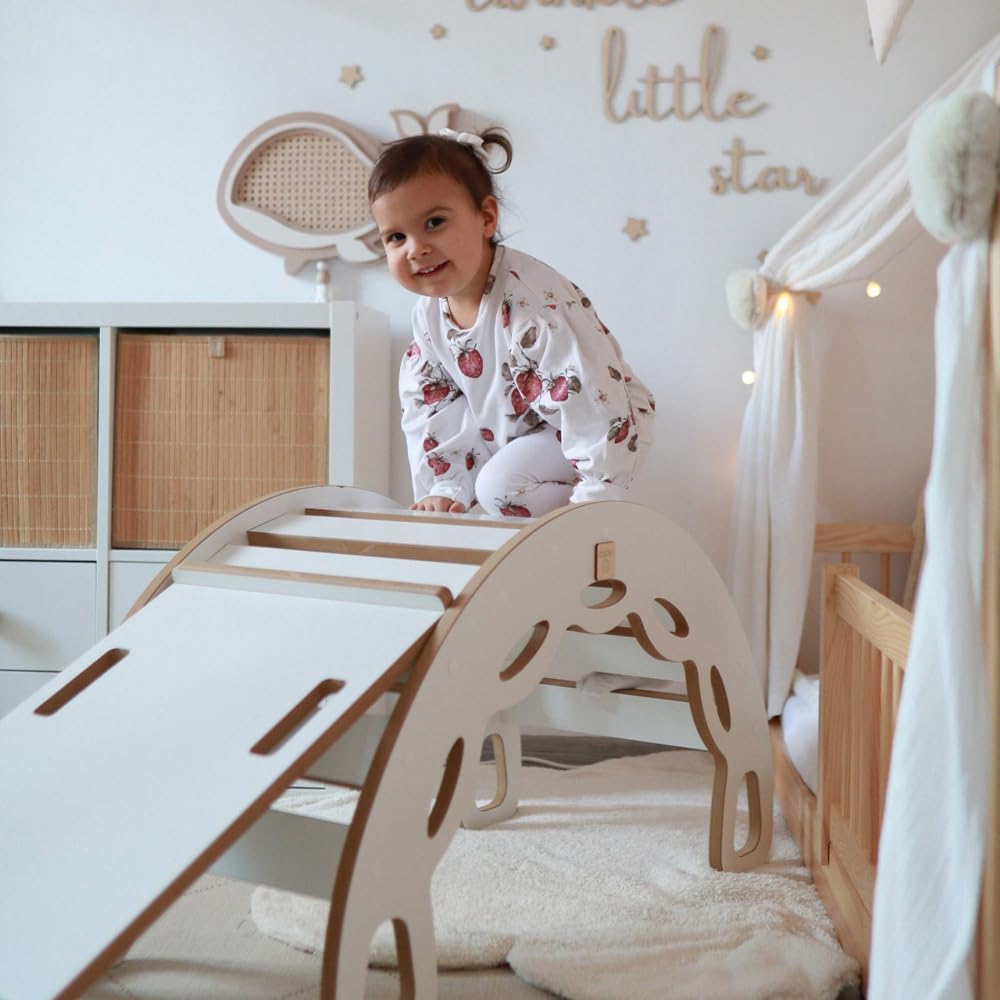 MISIOO Baby Wippe mit Spielbogen Holz für Kinder – Wippe Baby mit Kletterwand, Rutsche und Kissen Se