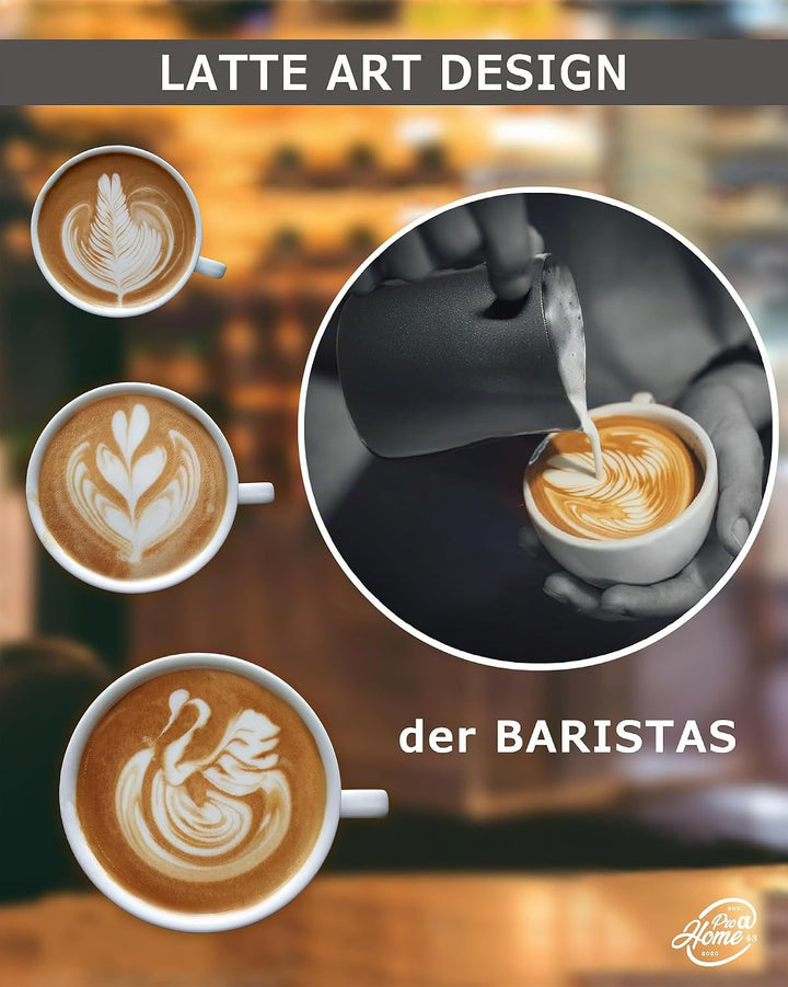 Pro@Home43 Barista Milchkännchen Edelstahl schwarz anthrazit 600ml (auch 350ml) inkl. Latte Art Stif