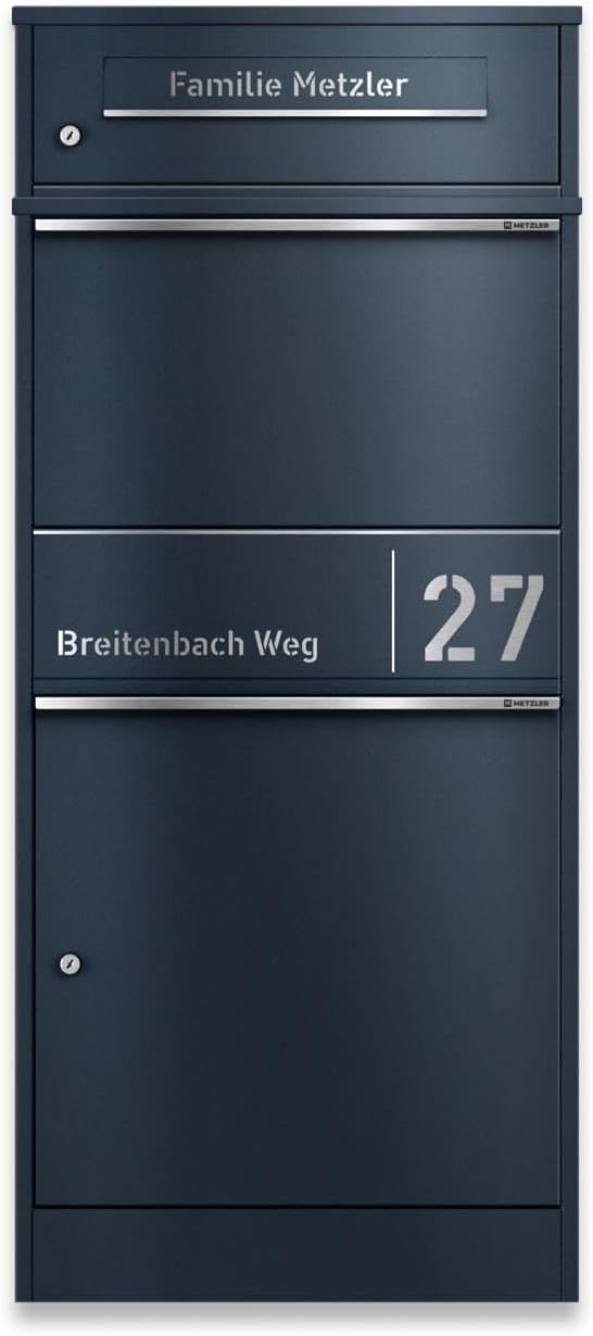 Metzler Paketbox draussen gross in Anthrazit - Briefkasten mit Paketfach personalisiert mit Gravur -
