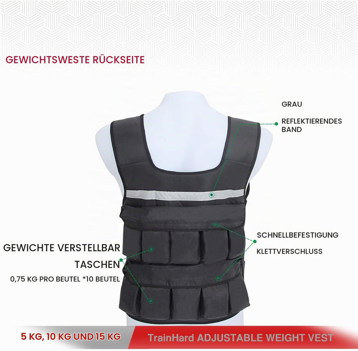 TrainHard 5 kg / 10 kg / 15 kg Verstellbare Gewichtsweste, Trainingsweste für Krafttraining, Laufen,