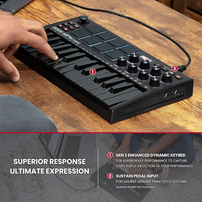 AKAI Professional Midi Controller + Sustain Pedal Bundle - MPK Mini MK3 Black USB-MIDI-Keyboard Cont