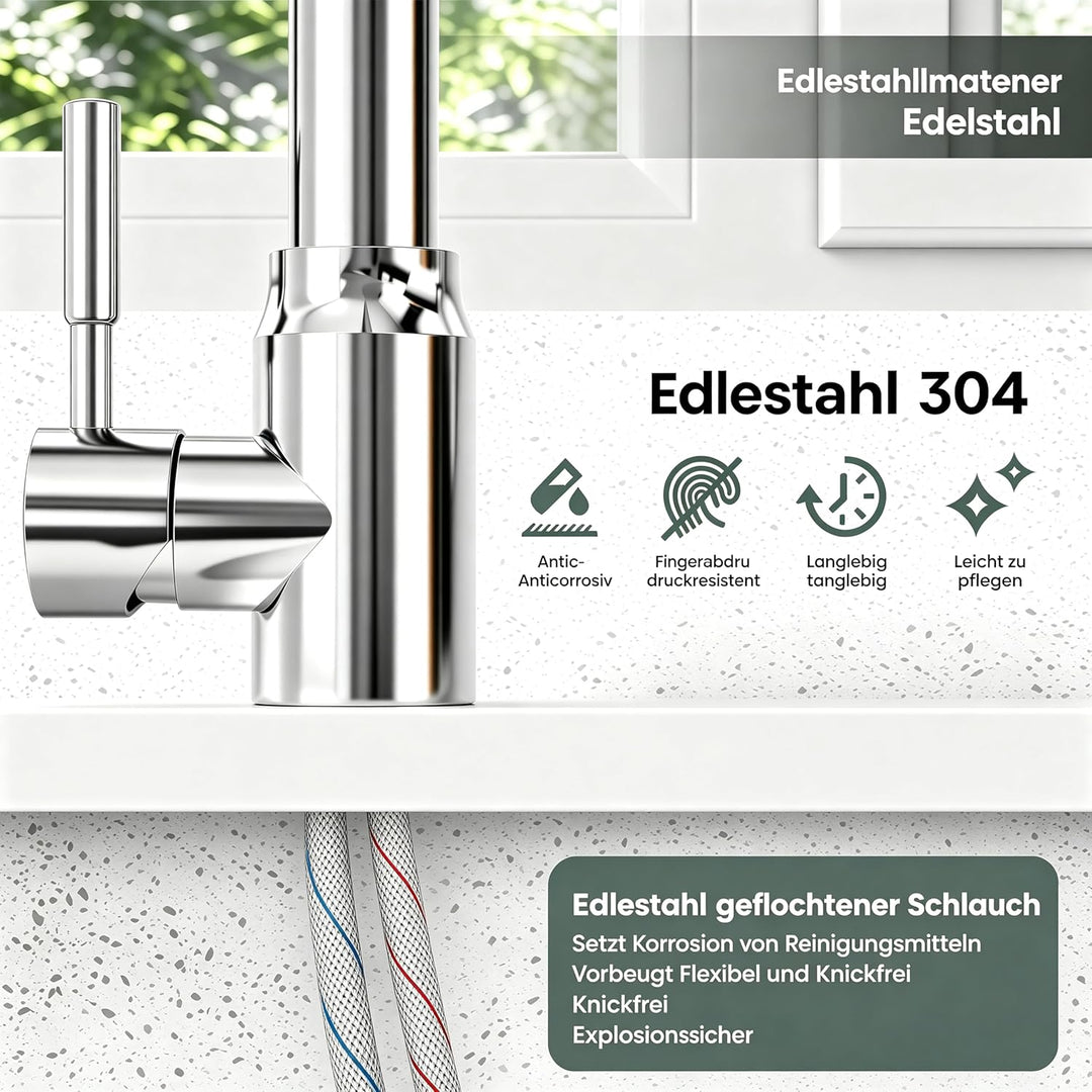 Einhebel-Küchenarmatur aus Edelstahl (Grohe-Style), Hochglanz-Chrom-Oberfläche (Silber) – inkl. Mont