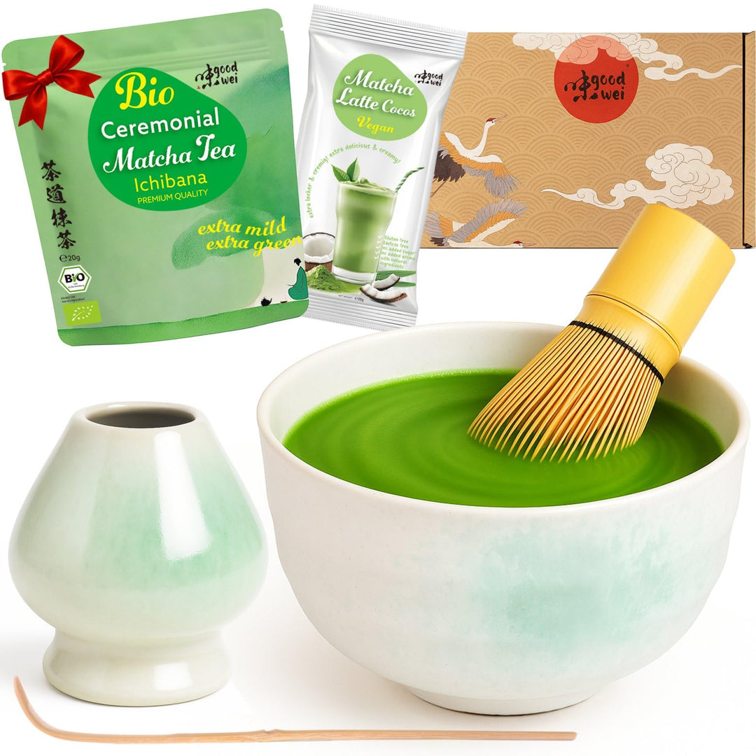 Goodwei Matcha Set mit Matcha Besen, Matcha Schale, Besenhalter aus Keramik und BIO Matcha Tee aus J