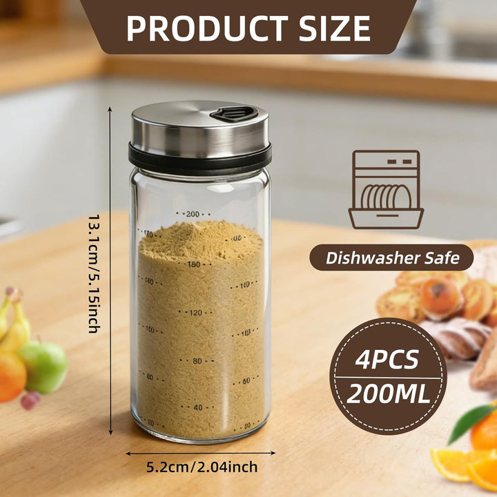 4 Stück 200ml Gewürzgläser mit Drehdeckel, Gewürzstreuer Glas, Gewürzdosen Gross mit 3 Arten von Gew