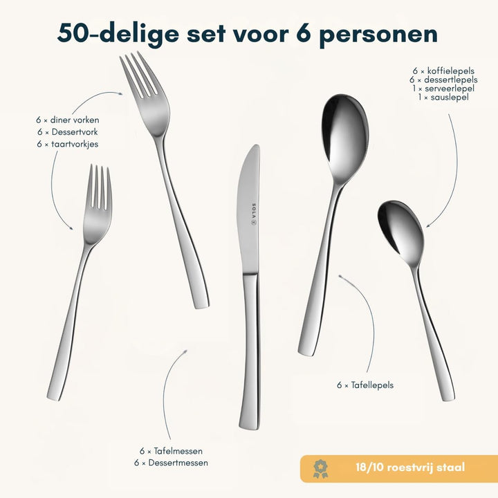 Sola Lotus Besteck Set - 6 Personen Essbesteck - 50 Teilig, 18/10 Rostfreiem Stahl - Robustes &amp; Eleg