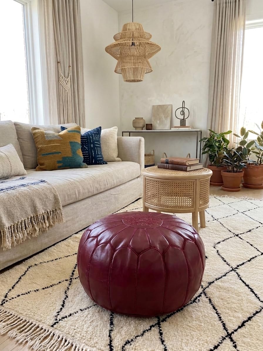Poufs&Pillows Marokkanischer Echtleder Pouf - Handgefertigt - Gefüllt Geliefert - Ottoman, Sitzsack,