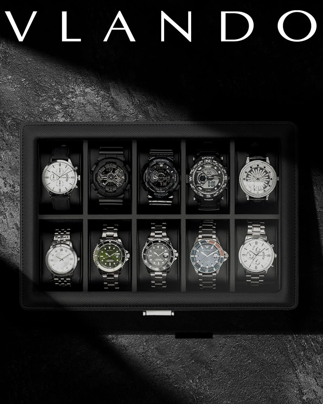 Vlando Uhrenbox mit 10 Fächern, Uhrenkasten mit Glasdeckel, Uhrenaufbewahrung Herren, Uhrenvitrine m