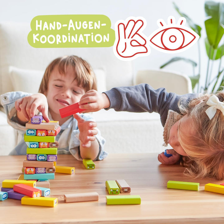 Nene Toys Wackelturm 4 in 1 aus Holz mit Farben und Tieren - Pädagogisches Kinderspiel ab 3 Jahre -