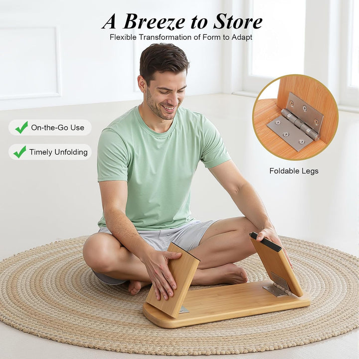 Meditationshocker, Klappbare Meditationsbank aus Bambus, 5° Neigung, Samt-Kissen, ergonomisch, faltb