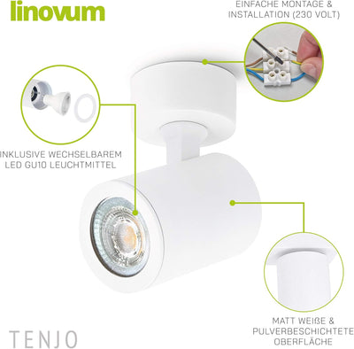 linovum TENJO Deckenspot Wandstrahler schwenkbar weiss rund mit GU10 LED 2W warmweiss - 230V Strahle