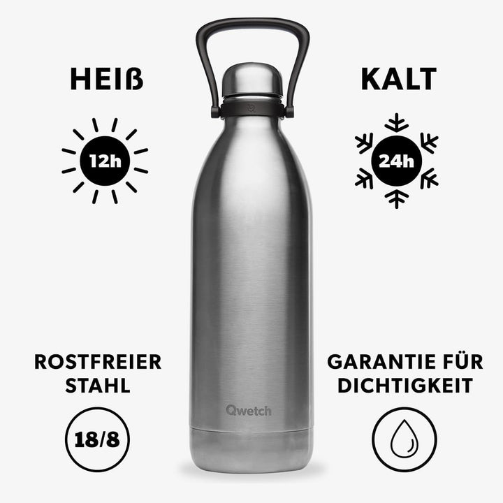 QWETCH - Isothermische Flasche - Titan Edelstahl 2L - 48h kalt & 16h heiss - BPA frei, wasserdicht -