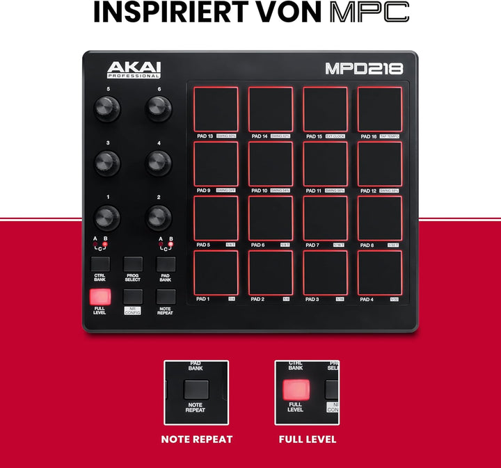 AKAI Professional MPD218 - MIDI Pad Controller, Drum Pad Machine, Beat Maker mit 16 Pads, zuweisbare